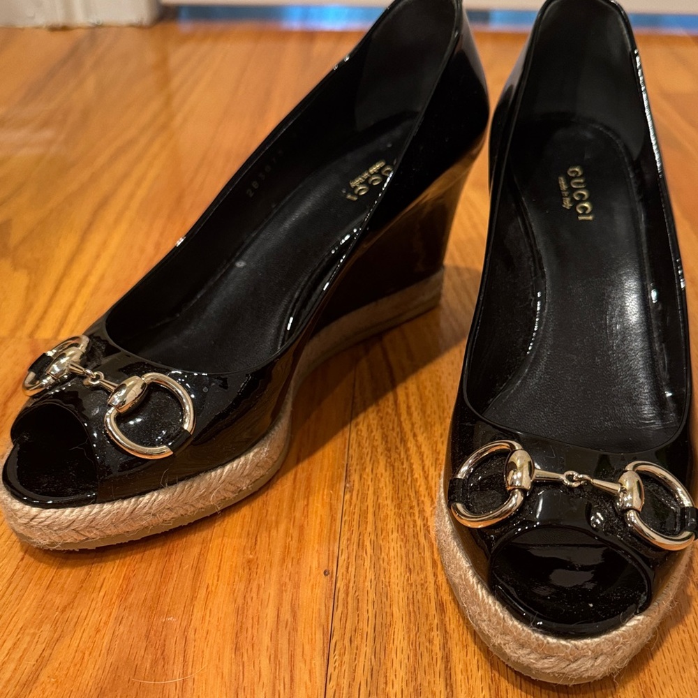 Gucci Black Patent Leather Wedges with Gold Accents